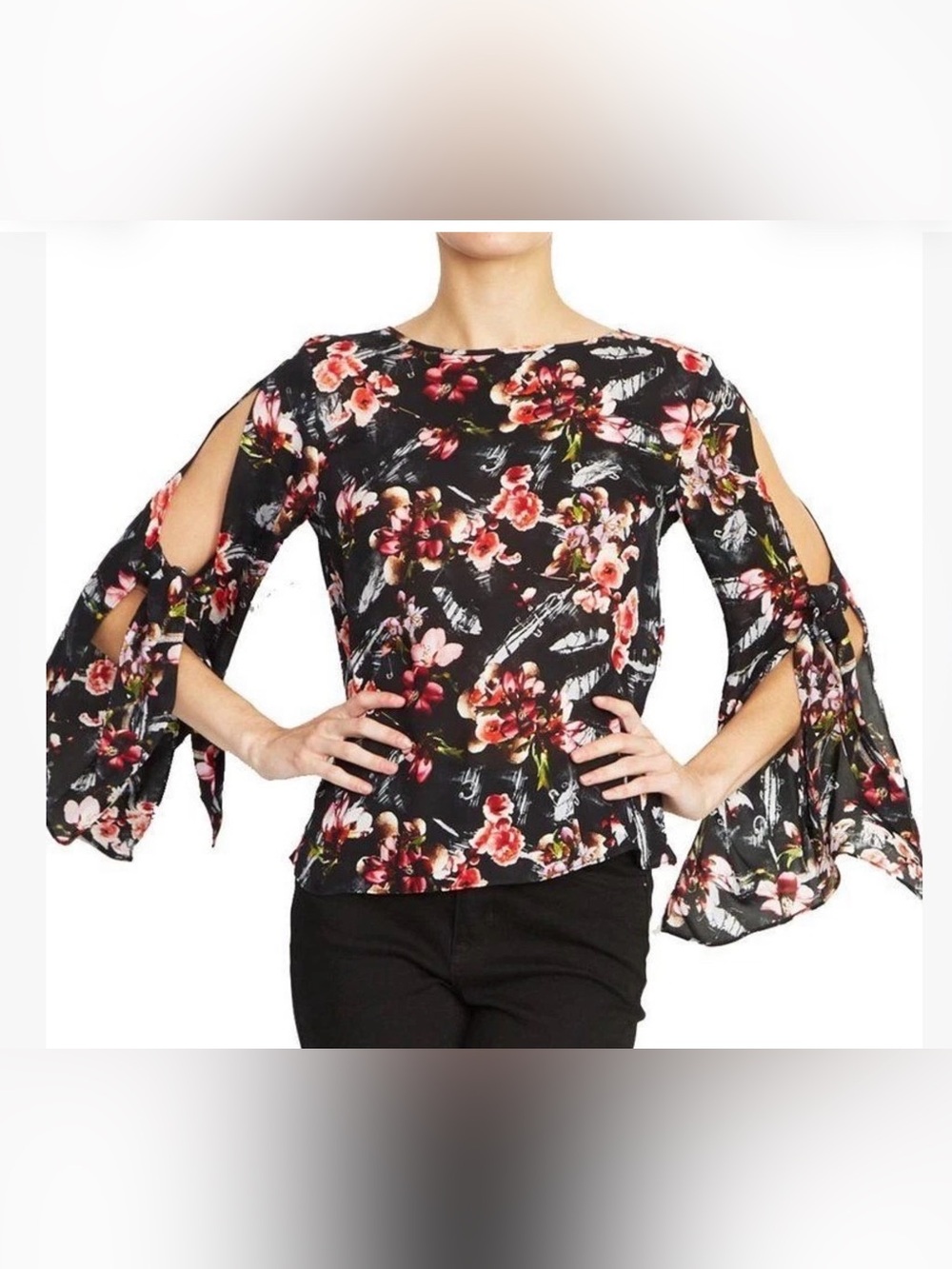 Nicole Miller Black Floral Cold-Shoulder Tie-Sleeve Silk Blouse
